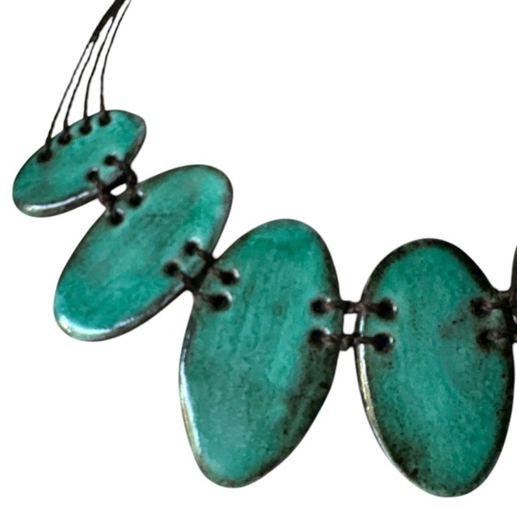 Artisan Handmade Teal Ceramic Statement Necklace Brazilian Jewelry 17" - Picture 2 of 7